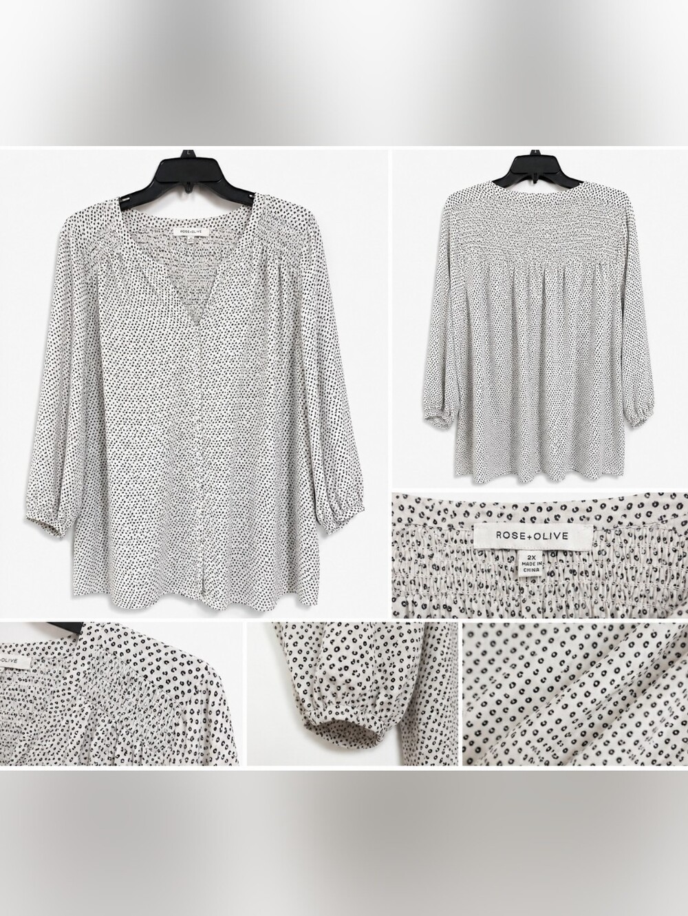 Rose + Olive Women’s 2X White Black Dot Print Blouse Smocked Yoke Peasant Top